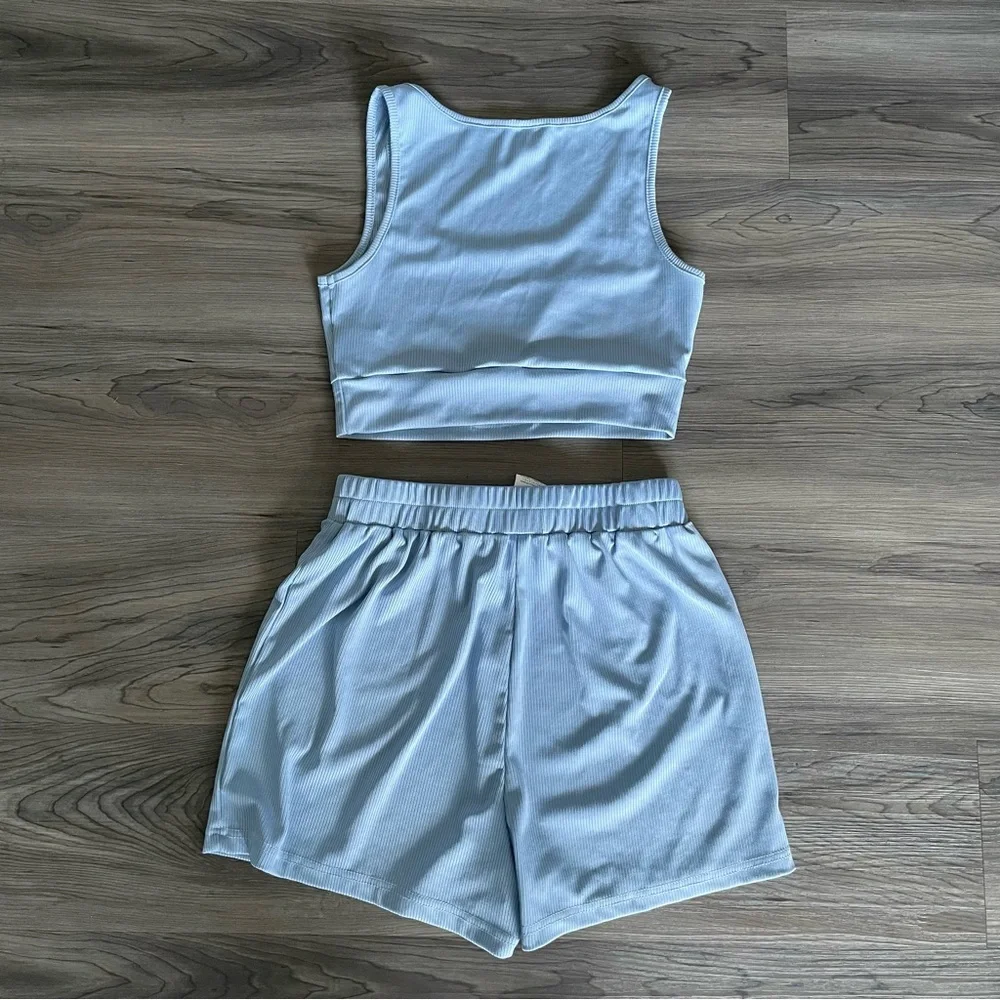 Women’s Blue Lounge Set XS Matching Sports Bra Shorts Soft Ribbed Activewear